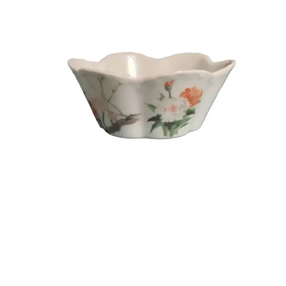 Vintage Scalloped Floral Pottery Catch All Porcelain Irridescent Catch Bowl 1983